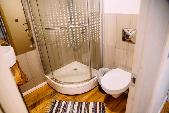 Compact bathroom featuring a shower, toilet, and a decorative rug on wooden flooring.