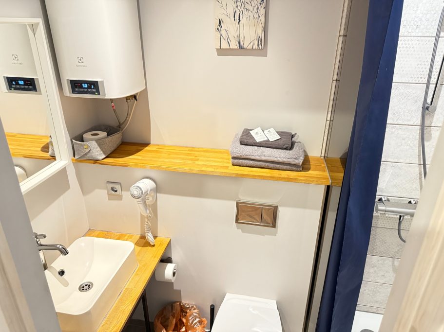Small bathroom featuring a sink, toiletries, and a shower with wooden shelves.