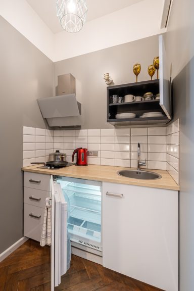 Small modern kitchen with a refrigerator, sink, stove, and minimalistic storage shelves.