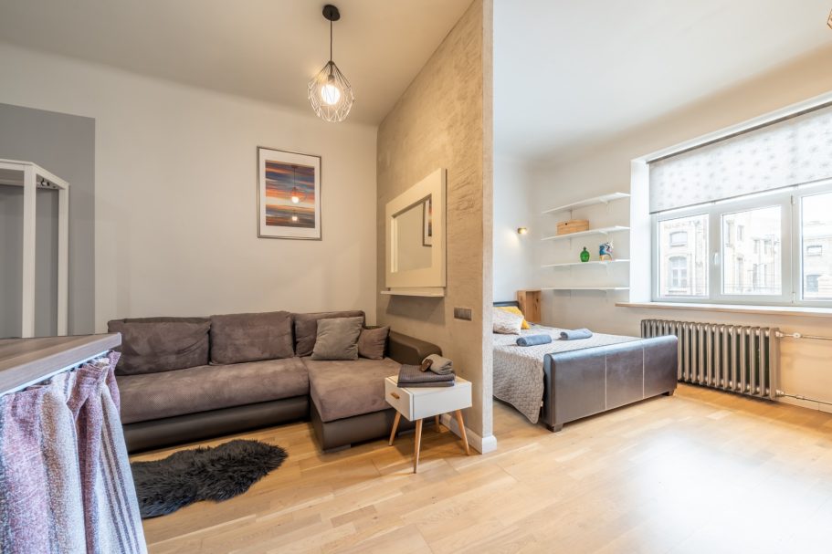 Cozy studio apartment featuring a sofa, bed, and large windows with natural light.